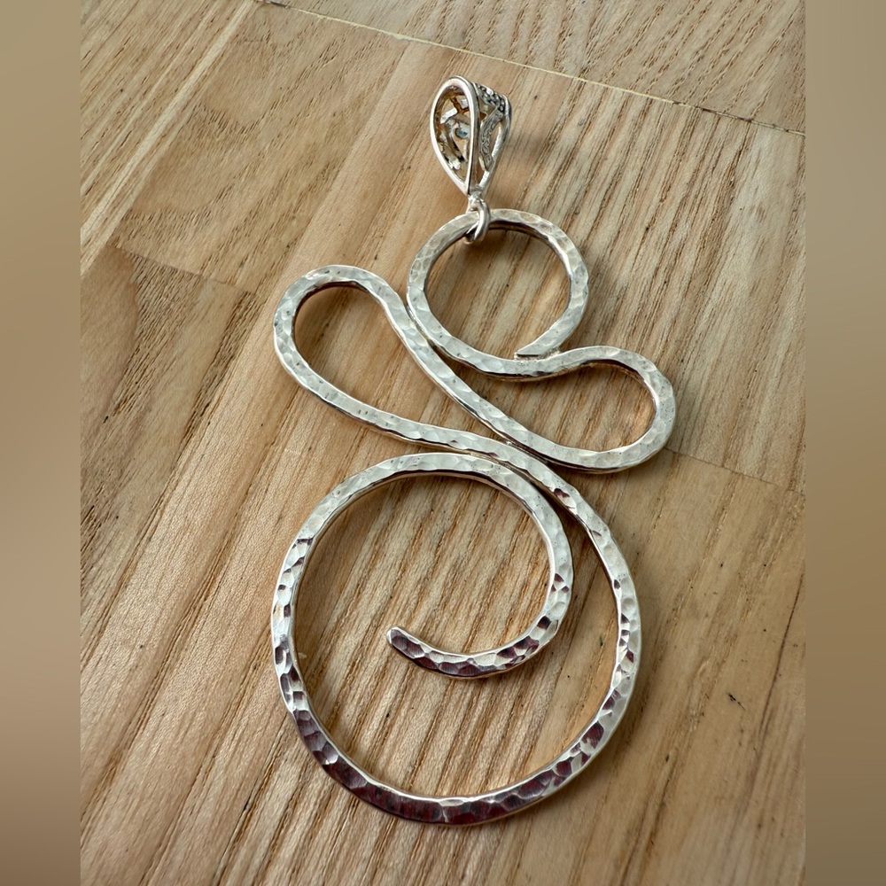 Large hammered 925 Sterling silver swirl spiral pendant